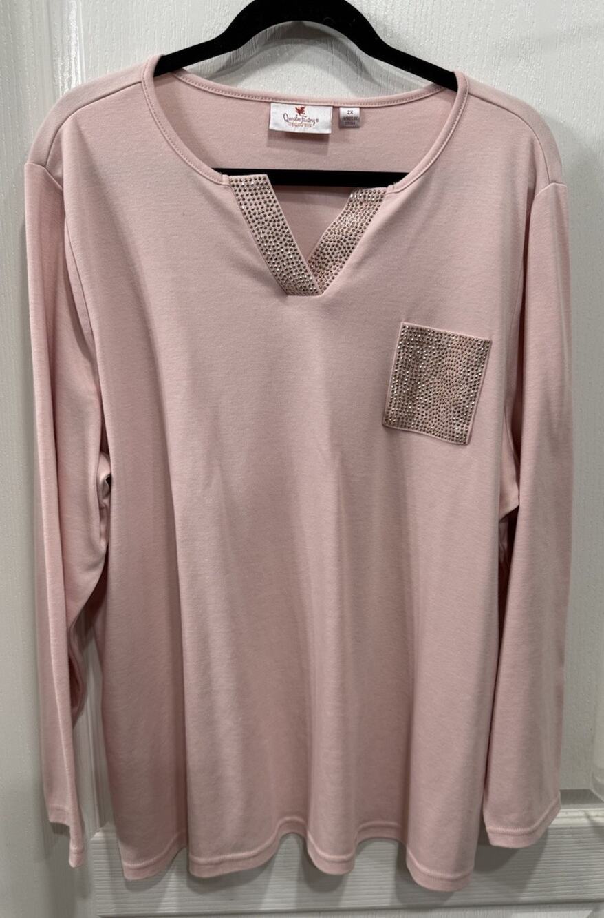 Quacker Factory Women's 2X Pink Rose Gold Embellished Split Neck Bling Glam Top